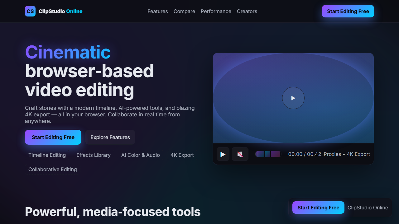 Captură ecran ClipStudio Online — Editare video în browser