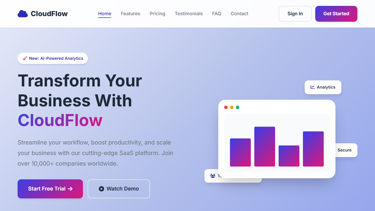 Captură ecran CloudFlow - Șablon modern landing page SaaS