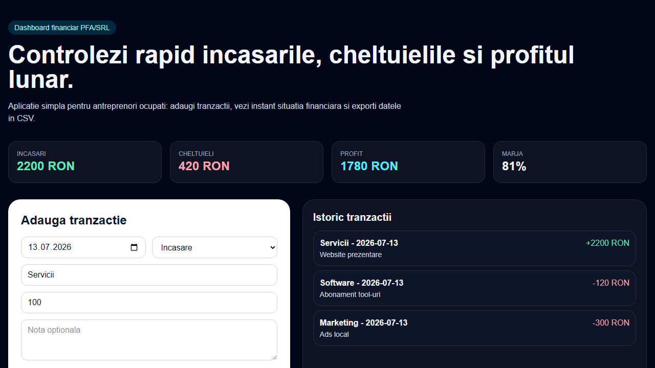 Captură ecran Dashboard Încasări & Cheltuieli