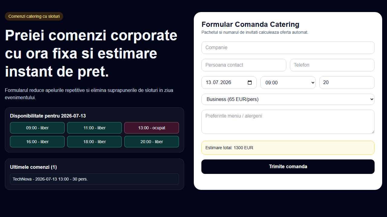 Captură ecran Formular comanda catering