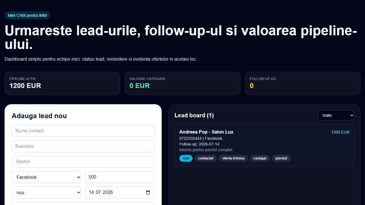 Captură ecran Mini CRM Lead Tracking